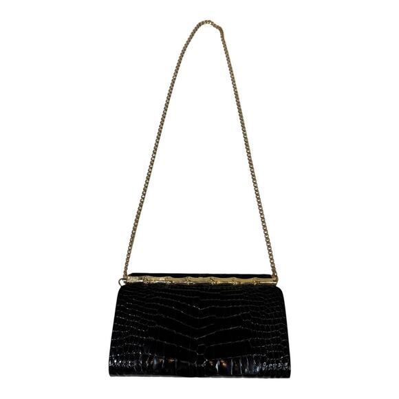 Morabito Vintage Black Crocodile Evening Bag Chain Strap Gold Bamboo - Picture 2 of 7
